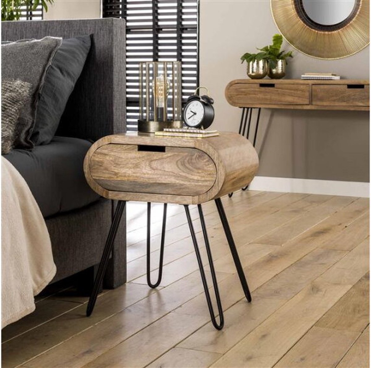 Meubelplaats Barolo - Nachtkastje rond - 1 lade - Mangohout zandkleur - Japandi - 50x35x60 cm massief mango zandkleur