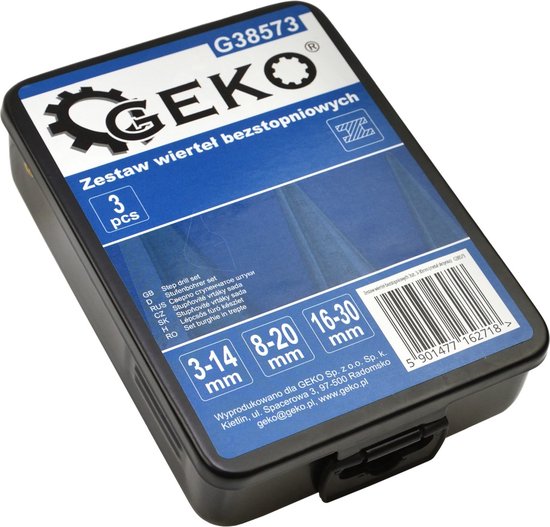 Coffret de forets à métaux HSS GEKO - réglable en continu - 3-30 mm - support métallique - 3 pièces