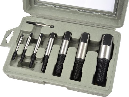 Gereedschapskist met 8 stuks schroefverwijderaars, zwart met zilver.