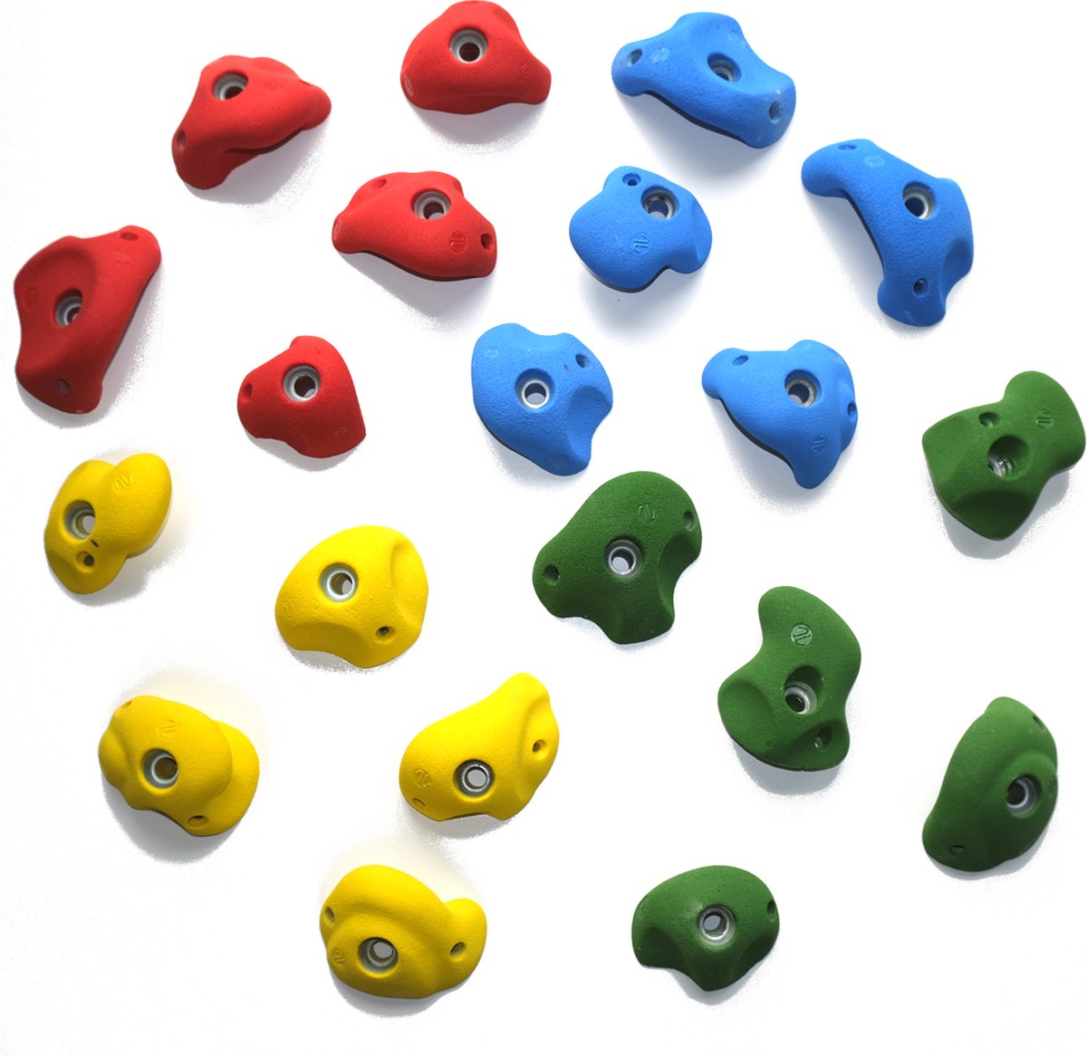 klimgrepen serie fun assorti kleur – maat m – set van 20 – rood, blauw, geel en groen