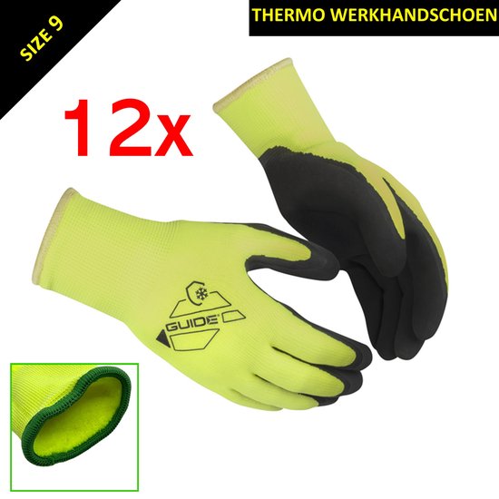 Twaalf paar gele thermo werkhandschoenen maat 9 met zwarte grip.