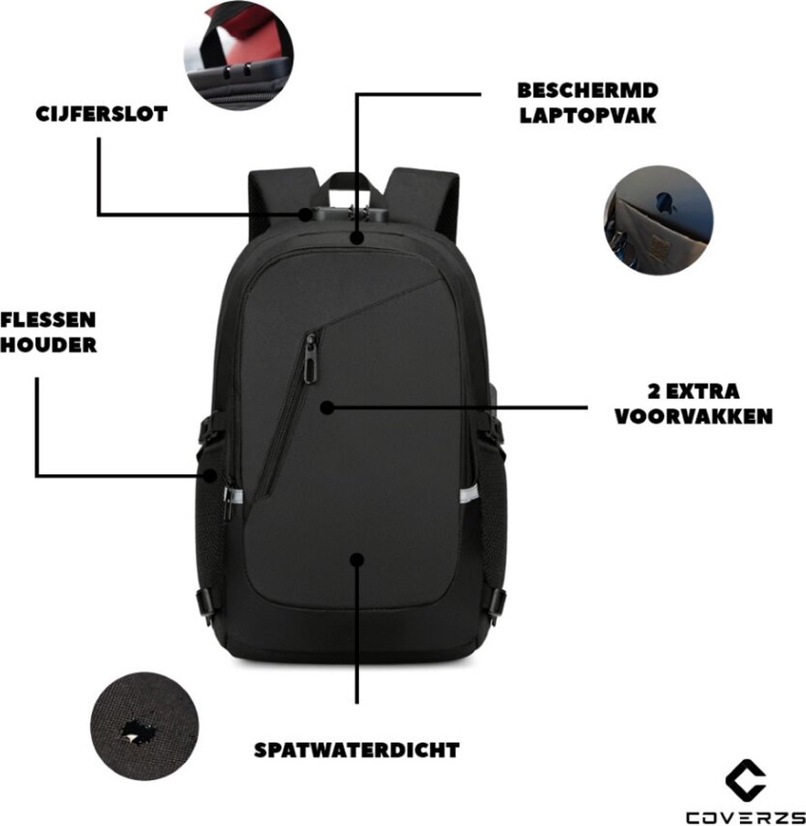 Coverzs Rugtas met Laptopvak (25 L inhoud) - Rugzak voor school of werk - Incl. 15.6 inch laptop vak met bescherming - Compacte Stevige schooltas - Comfortabele backpack - rugtas heren / dames - Inclusief Cijferslot - Zwart – foto 5