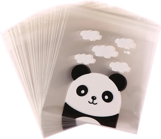 50x Sacs à main transparents Design Panda 7 x 7 cm avec bande adhésive - Sacs cadeaux en plastique cellophane - Sacs à bonbons - Sacs à biscuits - Biscuits - Sacs à biscuits