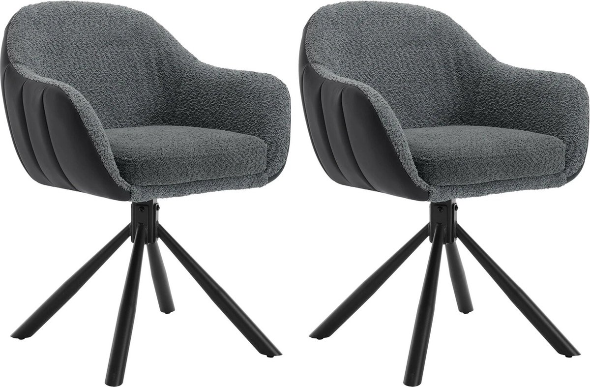 BukkitBow Luxe Set Eetkamerstoelen Chenille/Stof met Kunstleder/Leer - Kuipstoel met Rug en Armleuning en Metalen Poten - 365 Graden Draaibaar Onderstel - Set van 2 Stuks - Zithoogte 49.5CM - Donker Grijs