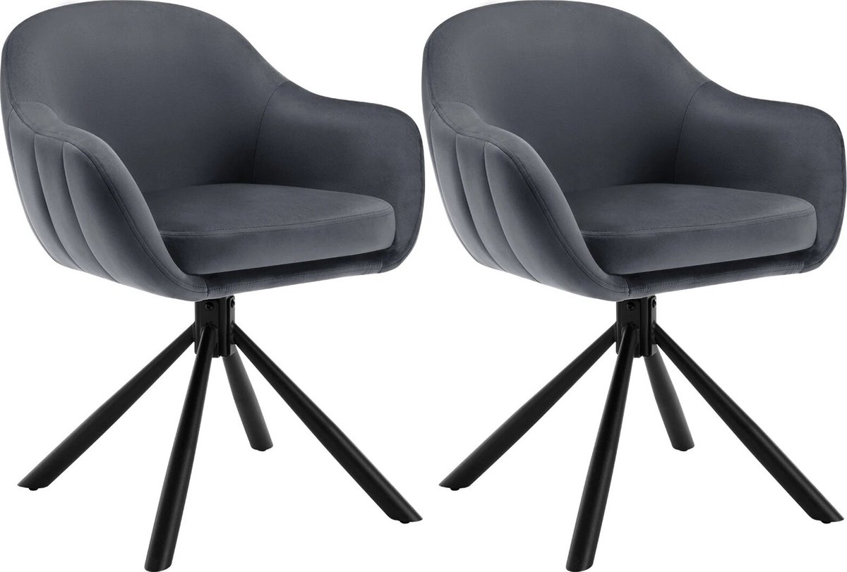 BukkitBow Luxe Set Eetkamerstoelen Velvet/Fluweel - Kuipstoel met Rug en Armleuning en Metalen Poten - 365 Graden Draaibaar Onderstel - Set van 2 Stuks - Zithoogte 49.5CM - Donker Grijs