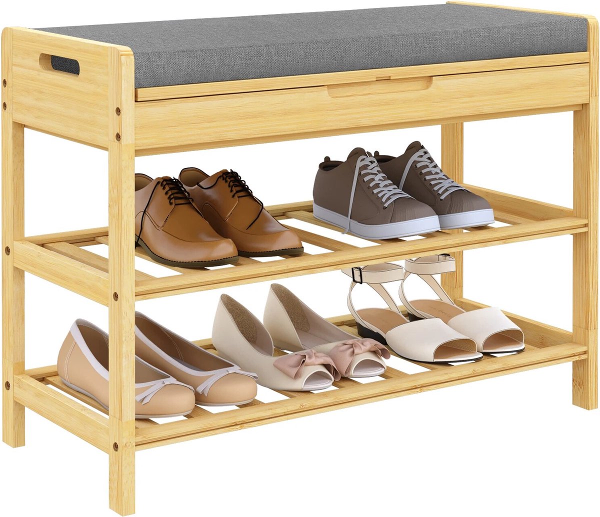 BukkitBow - Houten Schoenenrek met Zitkussen en Ingebouwde Opbergruimte (Voor 6 tot 8 Paar Schoenen)