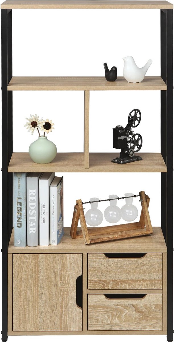 BukkitBow - Hoge Boekenkast - Gemaakt van Metaal met Bruin hout - Met 3 Planken en Lades en Deurtje (120X58X24CM) - Licht Eikenhout
