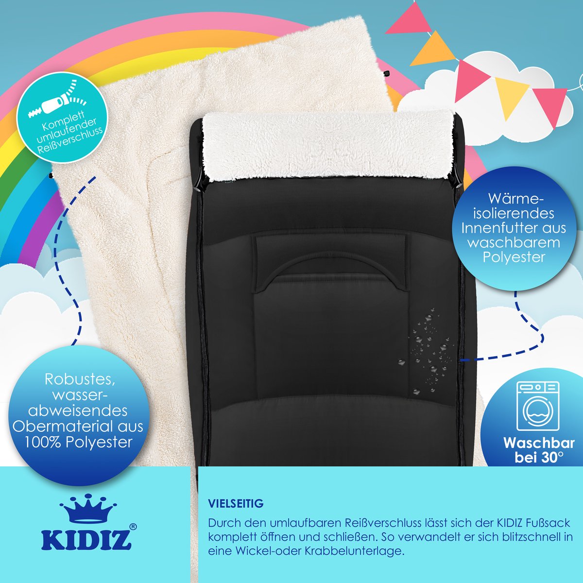 KIDIZ® Voetenzak voor Autostoeltje en Buggy met Ritssluiting - Baby Slaapzak Deken voor Maxi-Cosi & Wandelwagen / Kinderwagen - Zwart – foto 7