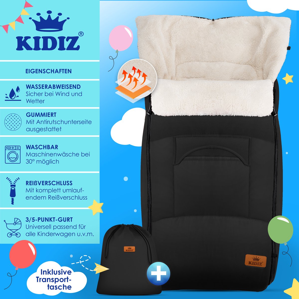 KIDIZ® Voetenzak voor Autostoeltje en Buggy met Ritssluiting - Baby Slaapzak Deken voor Maxi-Cosi & Wandelwagen / Kinderwagen - Zwart – foto 4