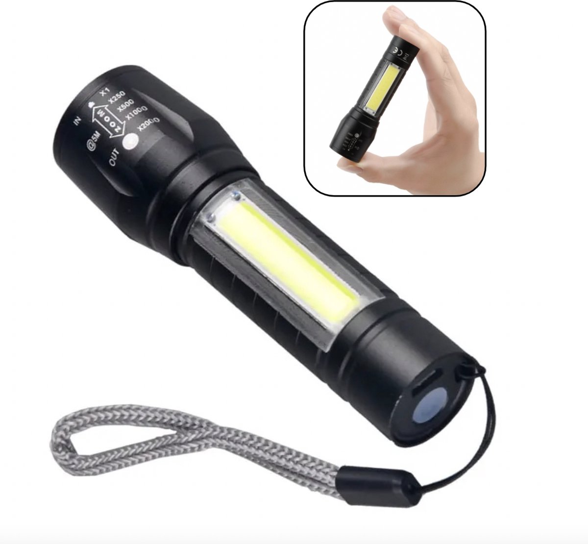PD® - Zaklamp - Tactisch - Zaklamp led oplaadbaar - Zaklamp Tactical - Zaklamp oplaadbaar - LED - COB - 10cm - Zwart