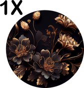 BWK Flexibele Ronde Placemat - Goud met Zwarte Bloemen Kunst - Set van 1 Placemats - 40x40 cm - PVC Doek - Afneembaar