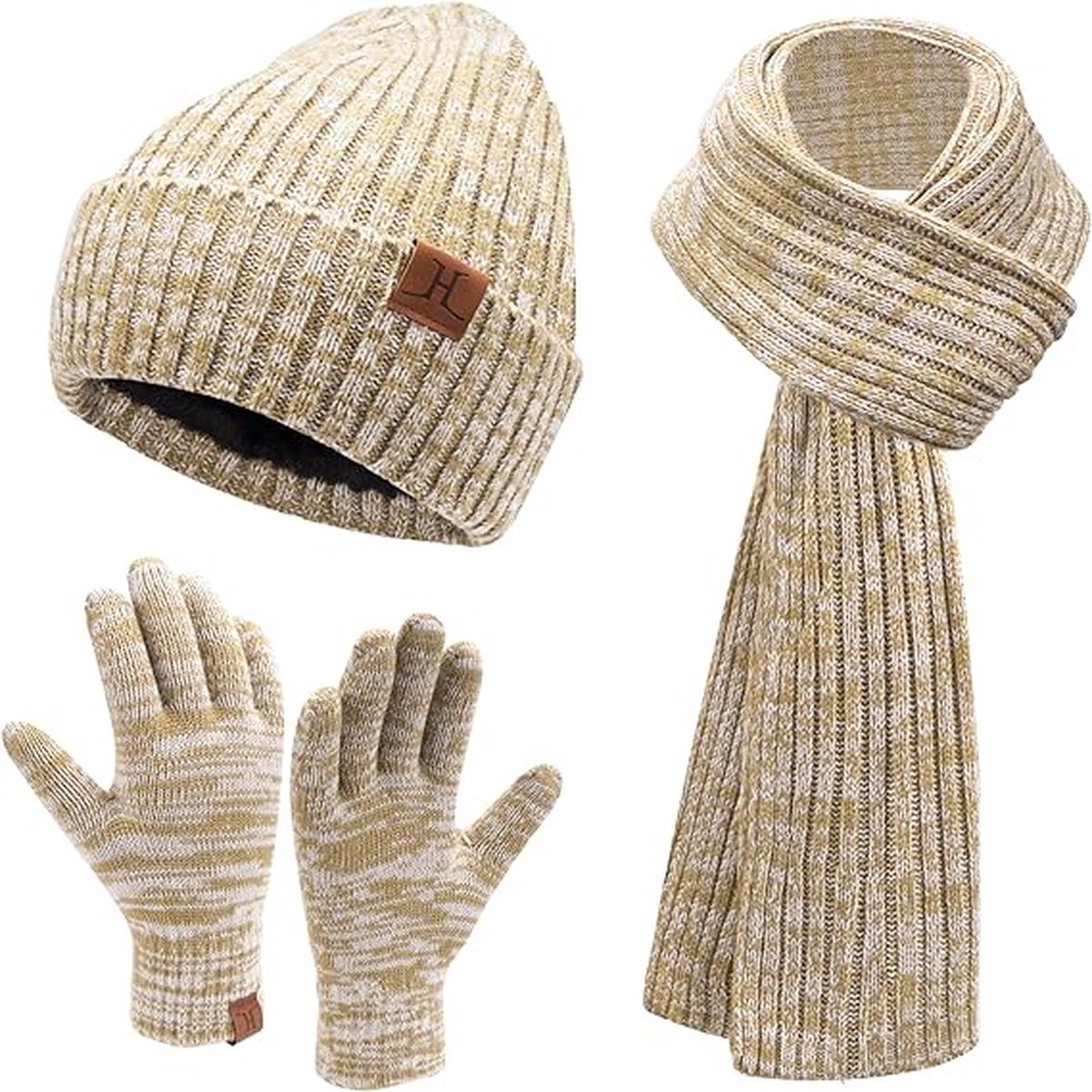 Warme winterset - Beige - Beanie, lange sjaal, touchscreen handschoenen - Fleece gevoerde muts volwassenen - Black Friday 2023 - Kerstcadeau