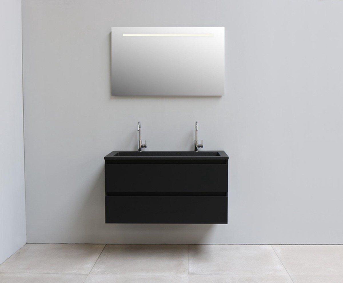 Basic Bella Badkamermeubelset - 100x55x46cm - 1 wasbak - Acryl - Zwart - 2 kraangaten - Wandspiegel met verlichting - Spaanplaat Zwart mat