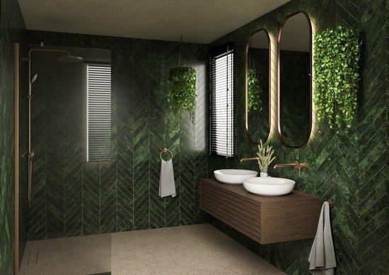 Luxe badkamer met donkergroene tegels en douchesysteem in geborsteld warm sunset (mat brons).