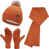 Warme winterset - Oranje - Beanie met pom pom, lange sjaal, touchscreen handschoenen - Fleece gevoerde muts volwassenen - Black Friday 2023 - Kerstcadeau