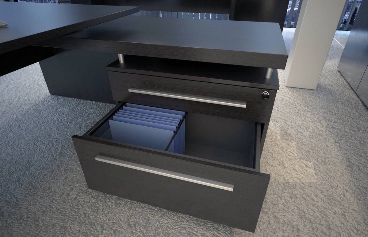 Directiebureau model hoekbureau Chief 230x172cm rechts Donker Eiken met glazen topblad