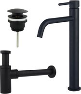 FortiFura Calvi Slim Wastafelkraanset - verhoogde wastafelkraan - klikwaste plug - design sifon - Mat zwart