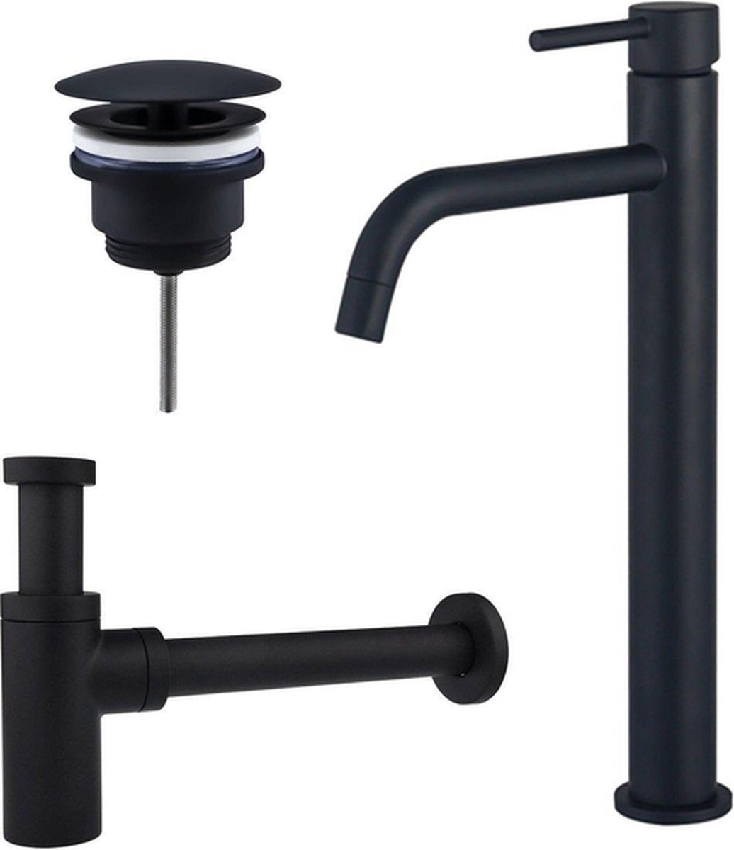 FortiFura Calvi Slim Wastafelkraanset verhoogde wastafelkraan always open plug design sifon Mat zwart
