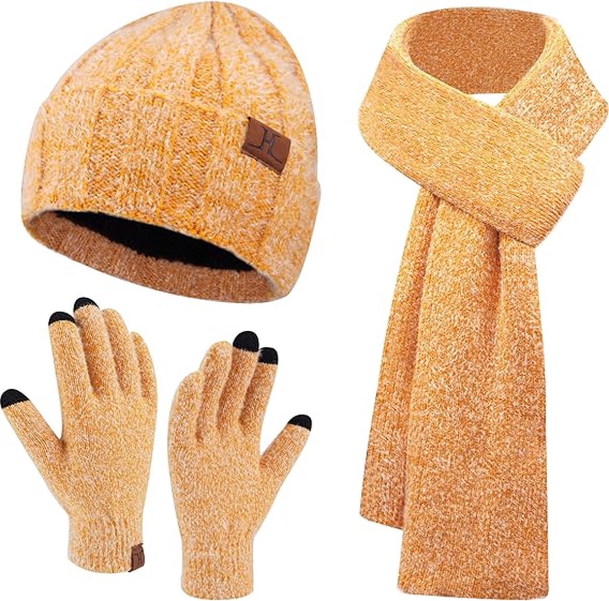 Warme winterset 3 stuks - Geel - Gevoerde muts beanie, lange sjaal, touchscreen handschoenen - 3-delige set voor volwassenen - Black Friday 2023 - Kerstcadeau