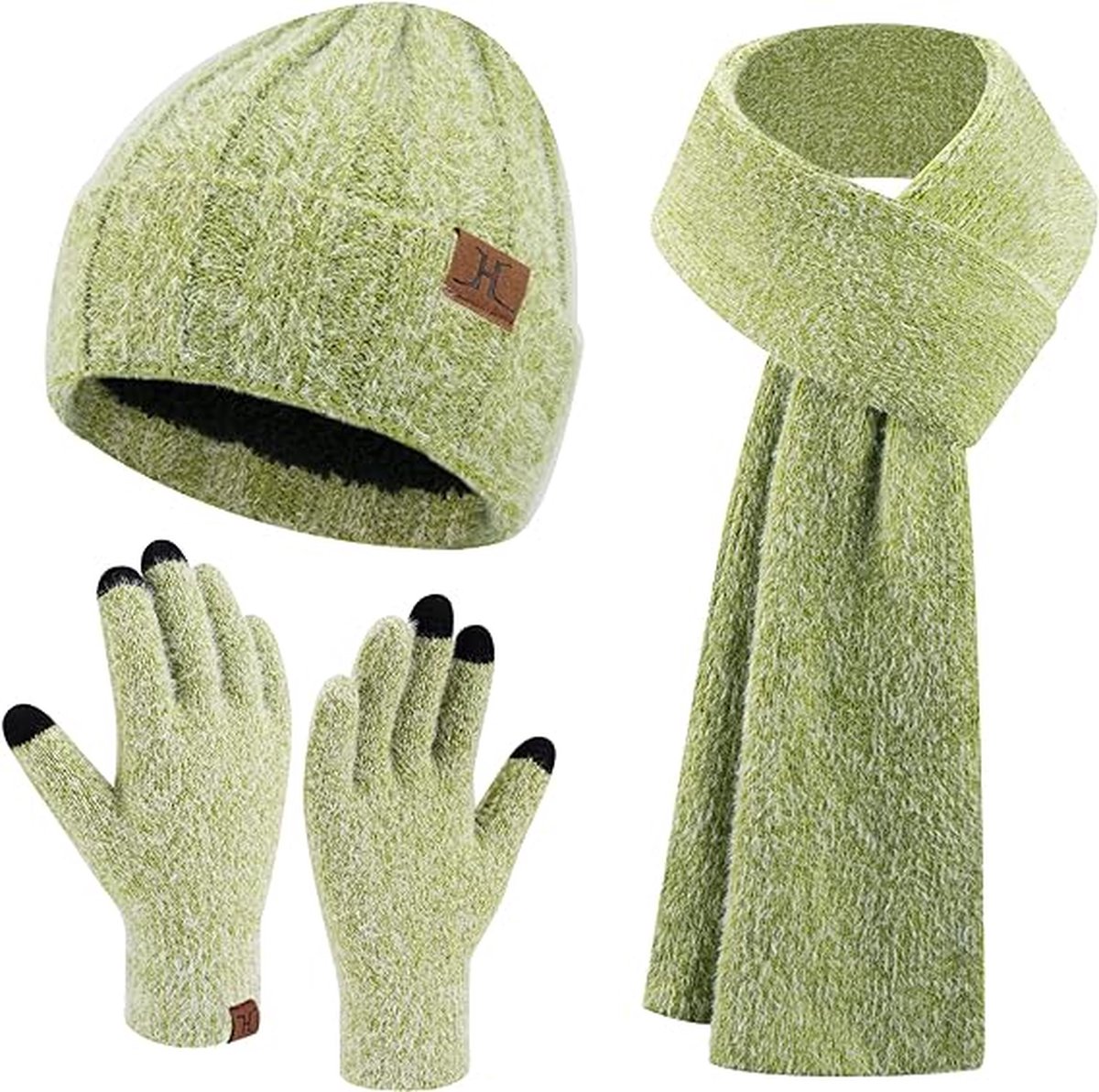 Warme winterset 3 stuks - Groen - Gevoerde muts beanie, lange sjaal, touchscreen handschoenen - 3-delige set voor volwassenen - Black Friday 2023 - Kerstcadeau