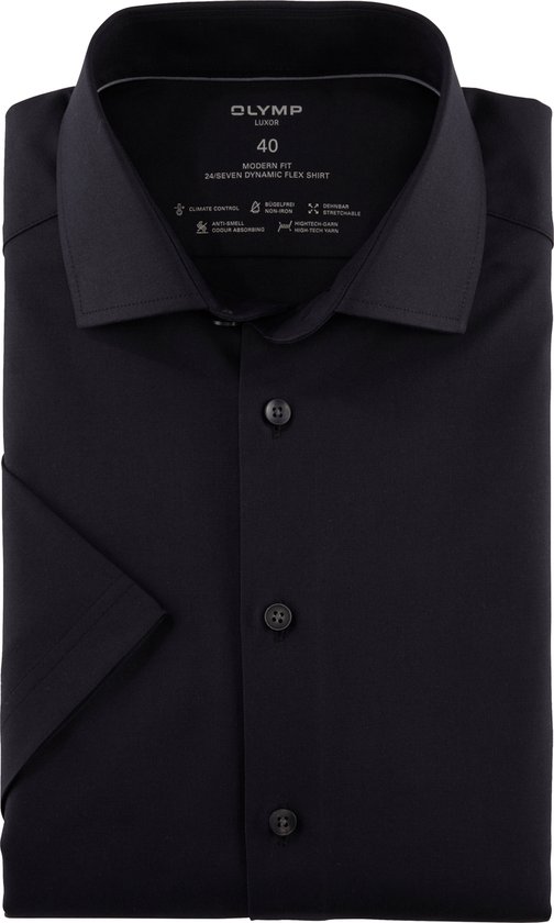 OLYMP Luxor 24/7 modern fit overhemd - korte mouw - Dynamic Flex - zwart - Strijkvriendelijk - Boordmaat: 42