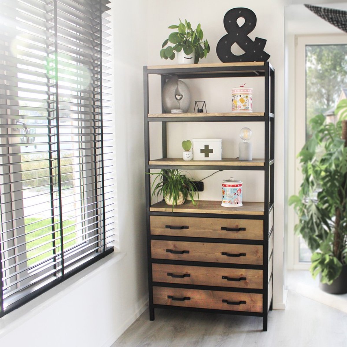 Industriële kast met laden "Columbus" - 80 x 40 x 200 cm - hout en staal - Handgemaakt