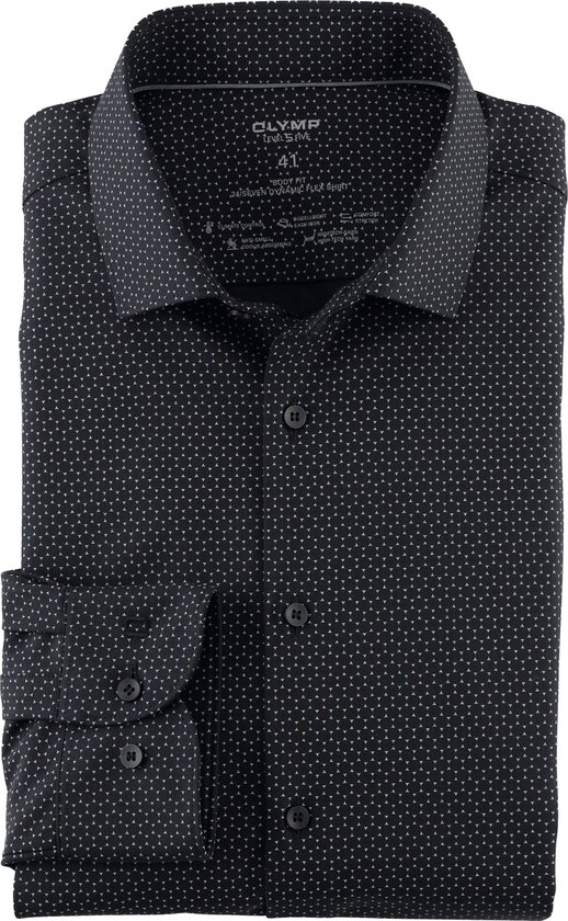 OLYMP 24/7 Level 5 body fit overhemd - popeline - zwart dessin - Strijkvriendelijk - Boordmaat: 39