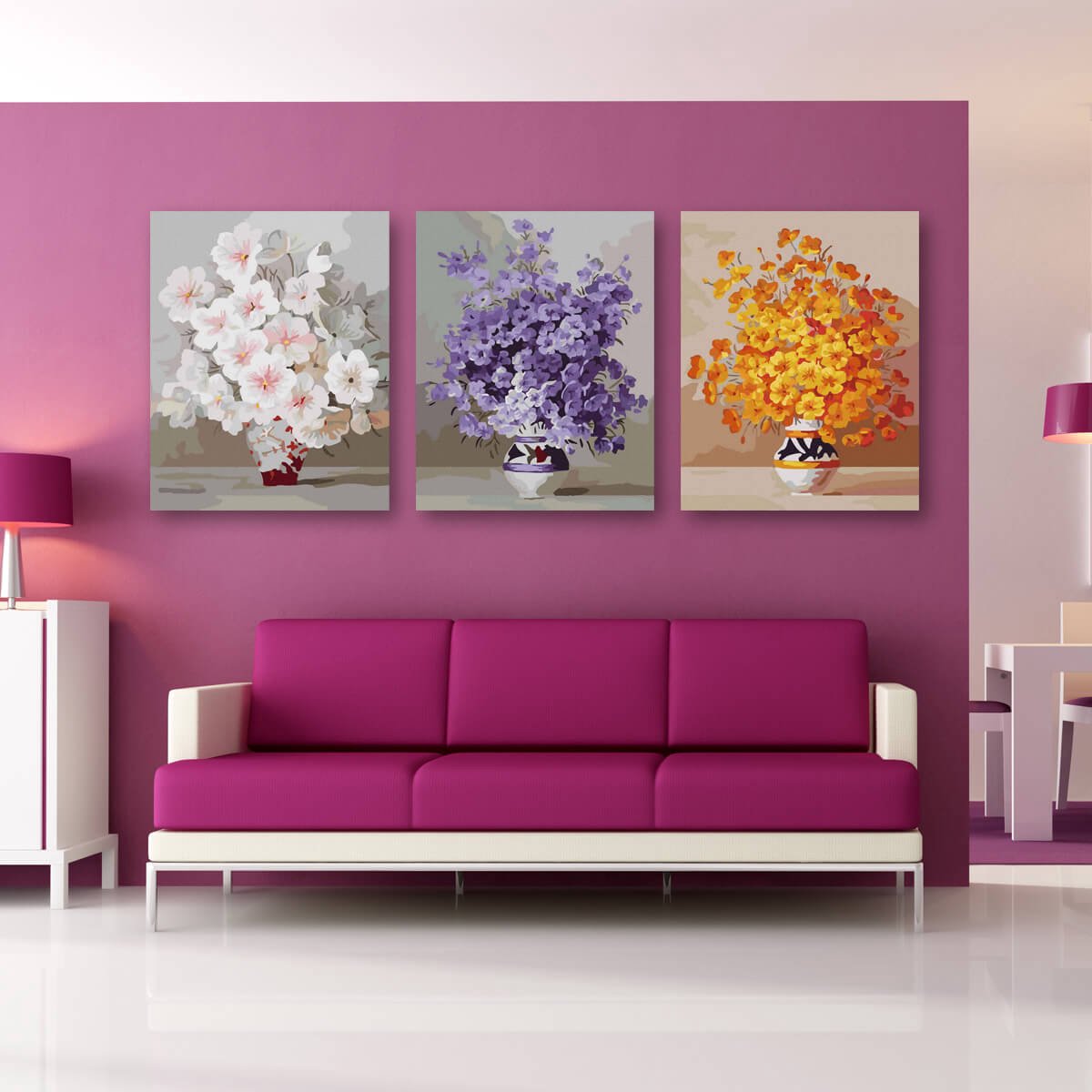 Schilderen Op Nummer Volwassenen DIY Paint By Number Compleet Hobby Pakket op Frame met Vernis - ®Arty Bee - Bloemen Trio - 3x40x50cm — afbeelding 3