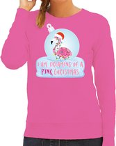 Bellatio Decorations Foute kersttrui/sweater dames - flamingo in kerstbal - roze - pink Christmas XS