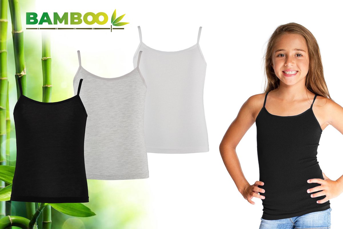 Bamboo - Onderhemden Kinderen Meisjes - Hemden Meisjes - 3-pack - Zwart Grijs - 122-128 - Hemd Meisjes - Tanktop - Singlet - Kleding Meisjes - Ondergoed Meisjes