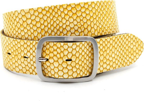 Thimbly Belts Jeans Ceinture femme jaune nid d'abeille - ceinture femme - 4 cm de large - Jaune - Cuir véritable fleur - Taille : 75 cm - Longueur totale de la ceinture : 90 cm