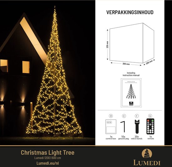 Lumedi - Kerstboom - Vlaggenmast Verlichting - 600cm - 1200 Warm Wit Led Lampjes - Afstandsbediening - Voor Buiten - Lumedi