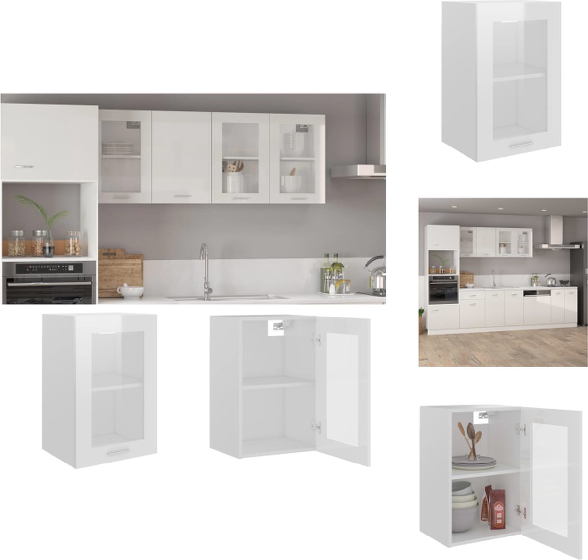 VidaXL Hangkastje Opbergkast 40 x 31 x 60 cm Hoogglans wit Spaanplaat en glas Keukenkast