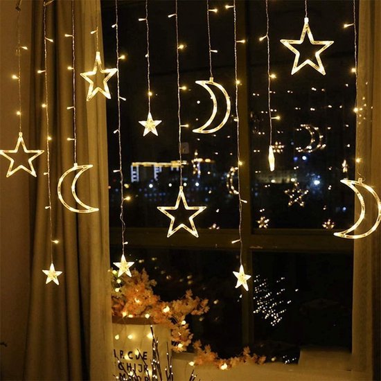 Éclairage de Noël - Rideau lumineux avec lune et étoile - 2,5 mètres - Wit chaud - 8 Effets de lumière - Pour l'intérieur et l'extérieur Incl. Ventouses