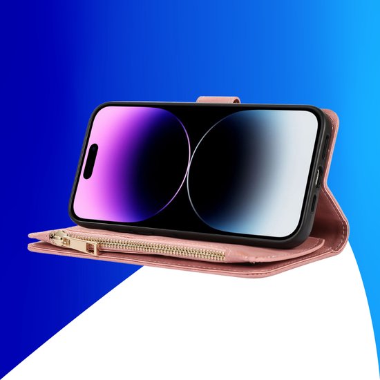 Étui adapté pour iPhone 14 - Bookcase - Porte-cartes - Portefeuille - Cordon - Simili cuir - Rose