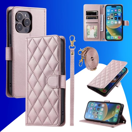 Étui adapté pour iPhone 14 - Bookcase - Porte-cartes - Cordon - Simili cuir - Or rose