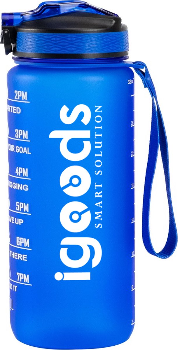 IGOODS Waterfles - Drinkfles met Tijdmarkeringen - Motiverende Drinkfles - 600ML - BPA vrij - Lekproef - Blauw