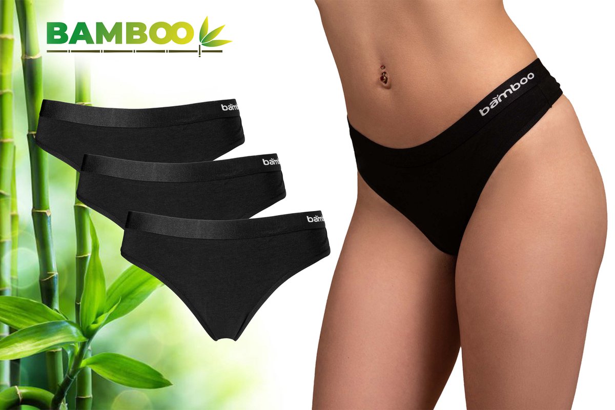 Bamboo Essentials - Ondergoed Dames - String - Bamboe - 3 Stuks - Zwart - XL - Lingerie - Onderbroeken Dames - Dames Slips - Dames Ondergoed