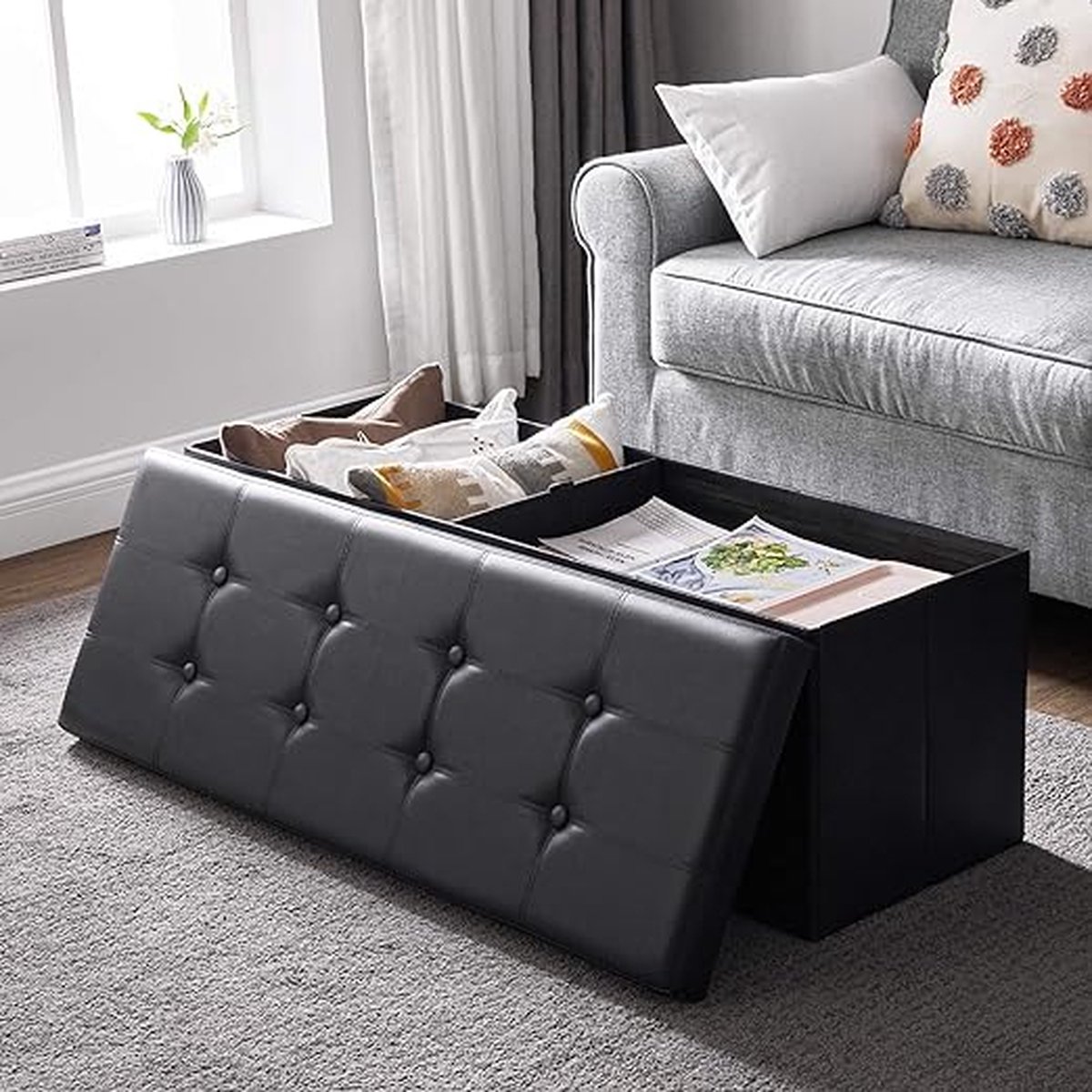 Kist met deksel opvouwbaar zitmeubel aan het hoofdeinde gewatteerd ruimtebesparend 110 x 38 x 38 cm
