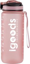 IGOODS Waterfles - Drinkfles met Tijdmarkeringen - Motiverende Drinkfles - 600ML - BPA vrij - Lekproef - Roze