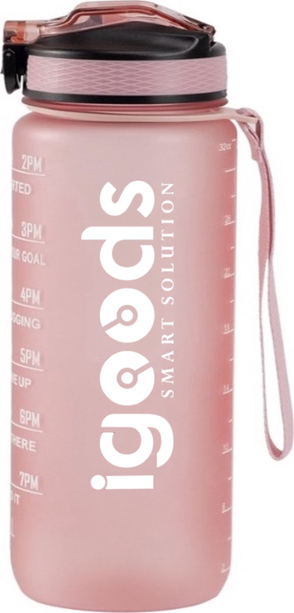 IGOODS Waterfles - Drinkfles met Tijdmarkeringen - Motiverende Drinkfles - 600ML - BPA vrij - Lekproef - Roze