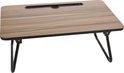 Houten bedtafel met inklapbare poten en tabletgleuf.
