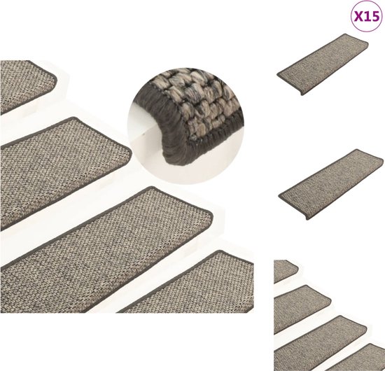 Drie afbeeldingen van grijze sisal-look traptreden op trappen, met close-up en set van 3. Aanduiding X15.