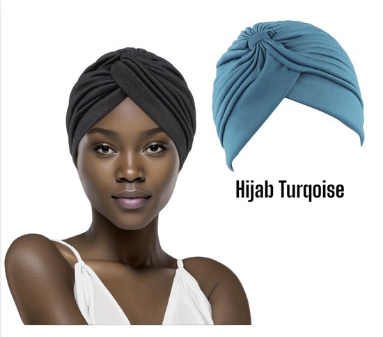 Model met een zwarte tulband. Naast een turquoise tulband.
