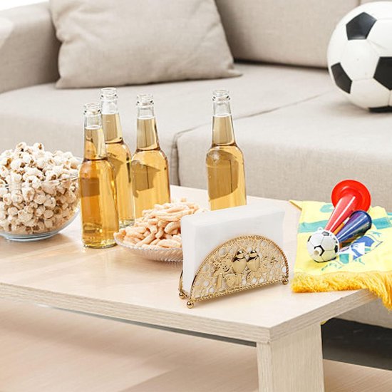 Servethouder voor Tafel en Papieren Servetten - Zwart Metaal en Hout - Vierkant met Gewicht - Gouden Eettafel Servethouder