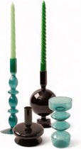 WinQ - Kleurige Glaskandelaren in een (zee) groen zwart Combinatie - Kaarsenhouder glas - Set bestaande uit 4 stuks – Decoratie woonkamer - Dinerkaarsen en/of Stompkaarsen