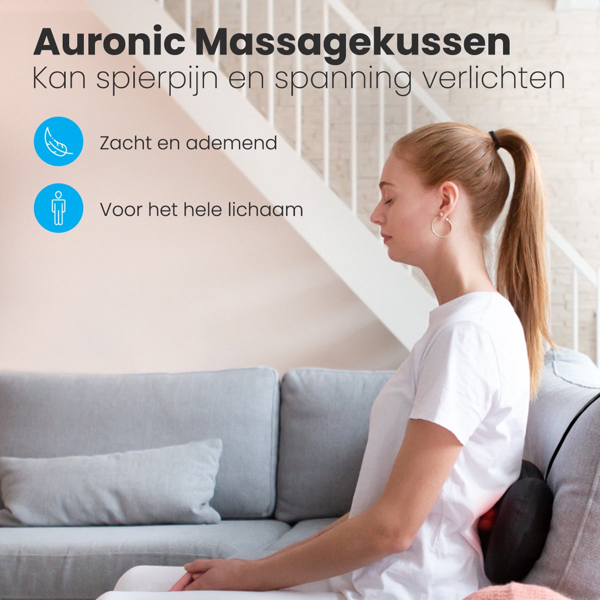 Afbeelding 2 van Auronic Shiatsu Massage kussen - Elektrisch Nek en Rug Massage Apparaat - 1.8m kabel - Warmte Functie – Zwart