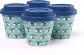 Quy Cup - 90ml Ecologische Reis Beker - Espressobeker “Eyes” met Blauw Siliconen deksel