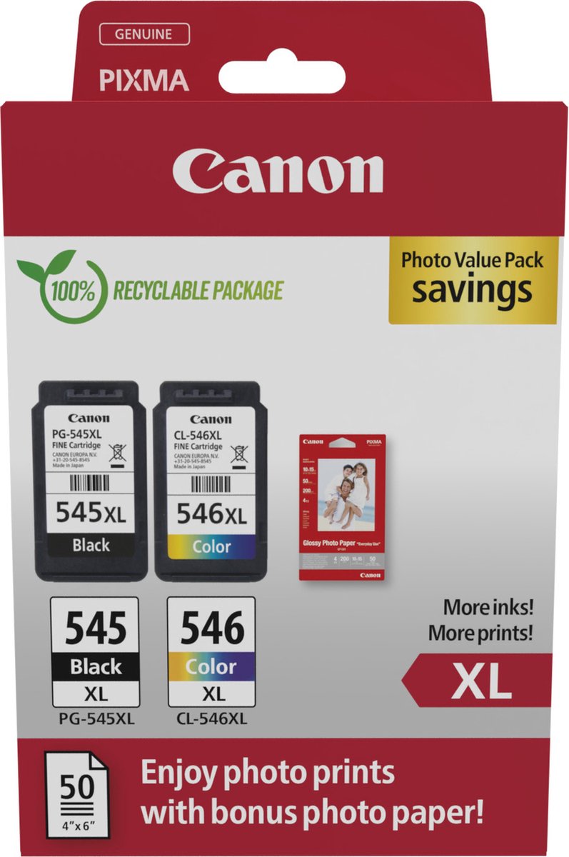 Canon PG-545XL / CL-546XL multipack met fotopapier zwart en kleur Hoge Capaciteit