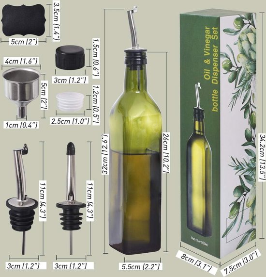 BIKALAN Olie-dispenserfles voor Keuken, Koffiesiroop-dispenser, Glazen Olie en Azijn-dispenserset, Glazen Kookolie-dispenser, Container, Kruik met Gietdop (Zwart, 500 Milliliter